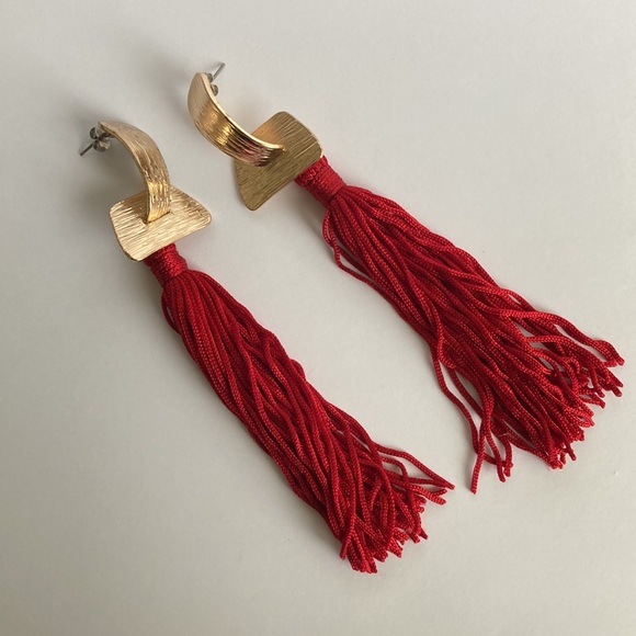 Long Red Fringe Earrings - Picture 2 of 3